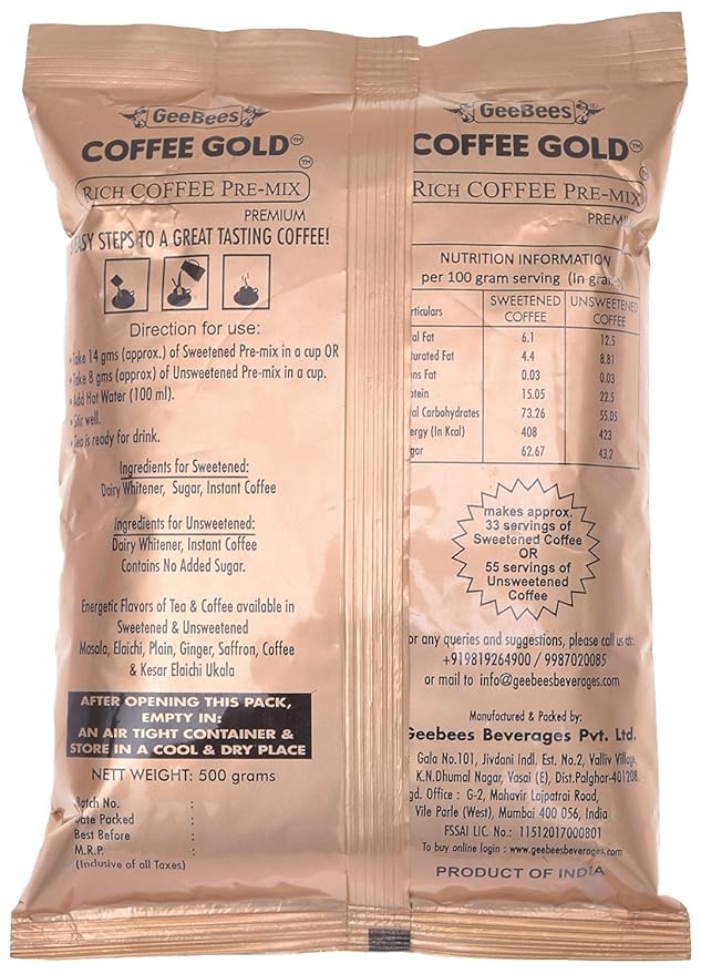 GeeBees Coffee Gold Instant Premix Coffee Low Sugar, 500gms - Image 2