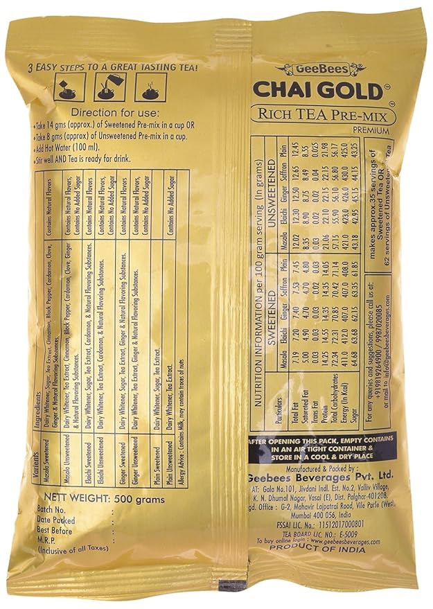 GeeBees Chai Gold Instant Premix Elaichi Tea Low Sugar, 500gms - Image 2