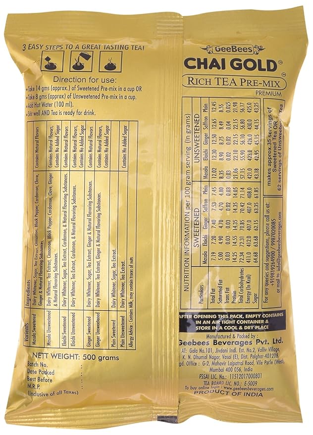 Geebees Chai Gold Instant Premix Masala Tea Low Sugar, 500gms - Image 2