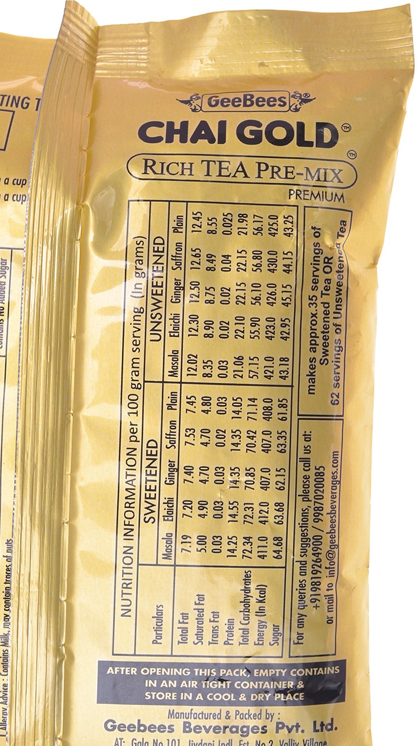 GeeBees Chai Gold Instant Premix Plain Tea Low Sugar, 500gms - Image 3