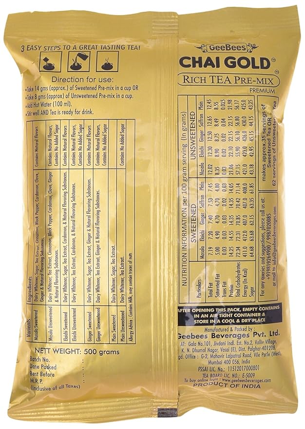 GeeBees Chai Gold Instant Premix Plain Tea Low Sugar, 500gms - Image 2
