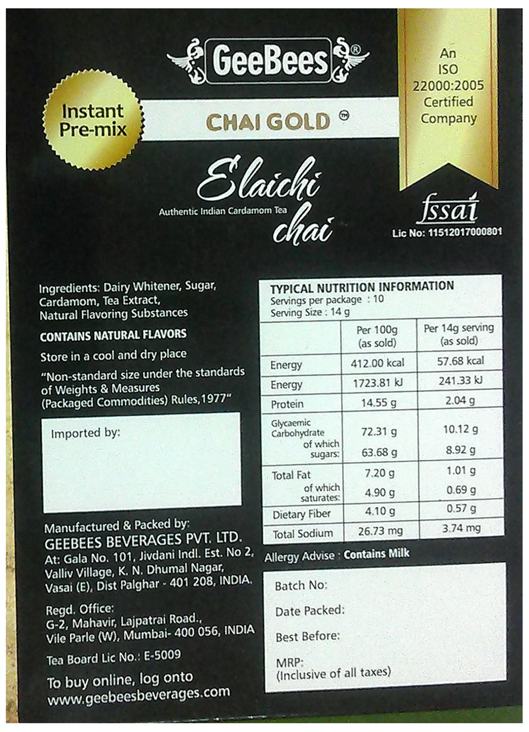 GeeBees Chai Gold Instant Premix Elaichi Tea Sweetened, Box of 10 Sachet - Image 2