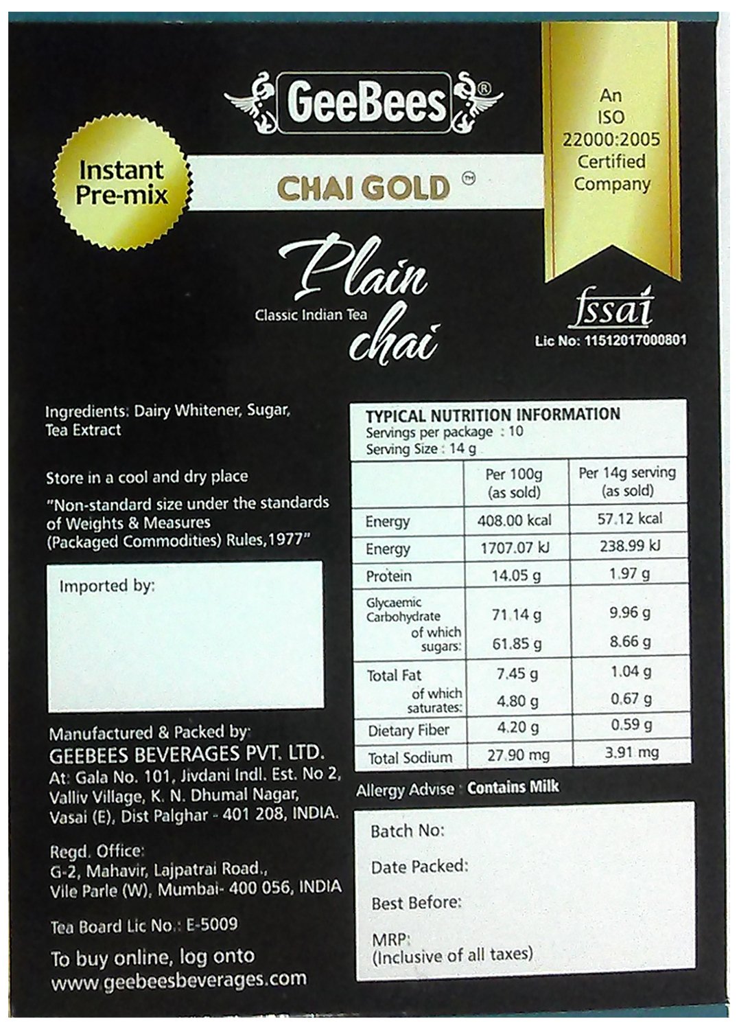 GeeBees Chai Gold Instant Premix Plain Tea Sweetened, Box of 10 Sachet - Image 2