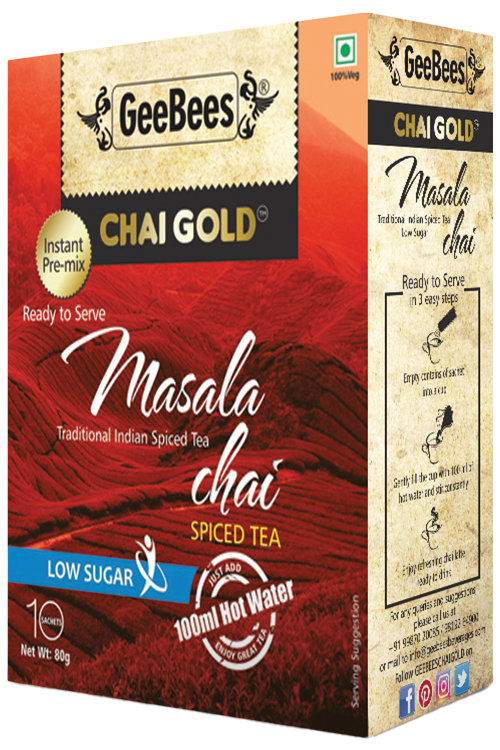 Geebees Chai Gold Instant Premix Masala Tea Low Sugar, Box of 10 Sachet