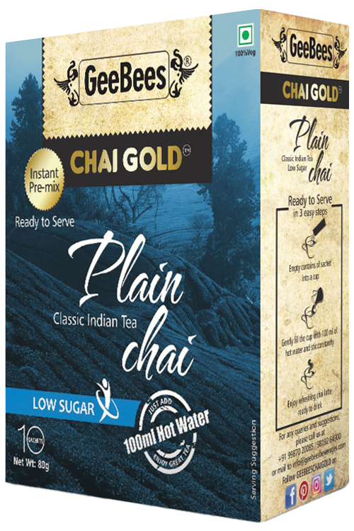 GeeBees Chai Gold Instant Premix Plain Tea Low Sugar, Box of 10 Sachet